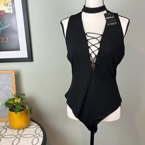 Forever 21 Plus Black Body suit Choker V neck